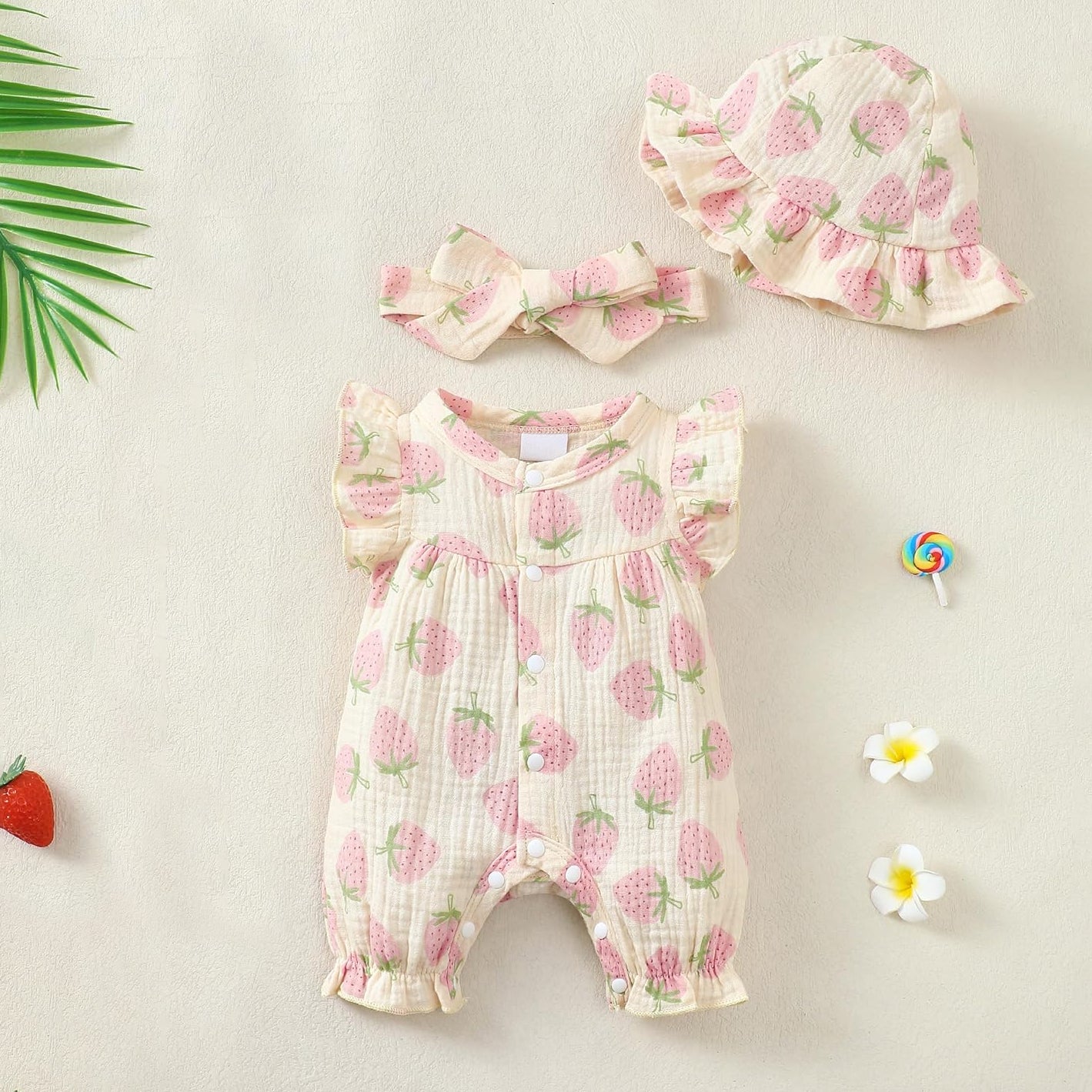 3PCS Strawberry Printed Sleeveless Baby Jumpsuit