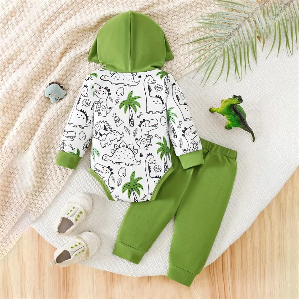 2PCS Casual Dinosaur Print Long Sleeve Hoodie Baby Set