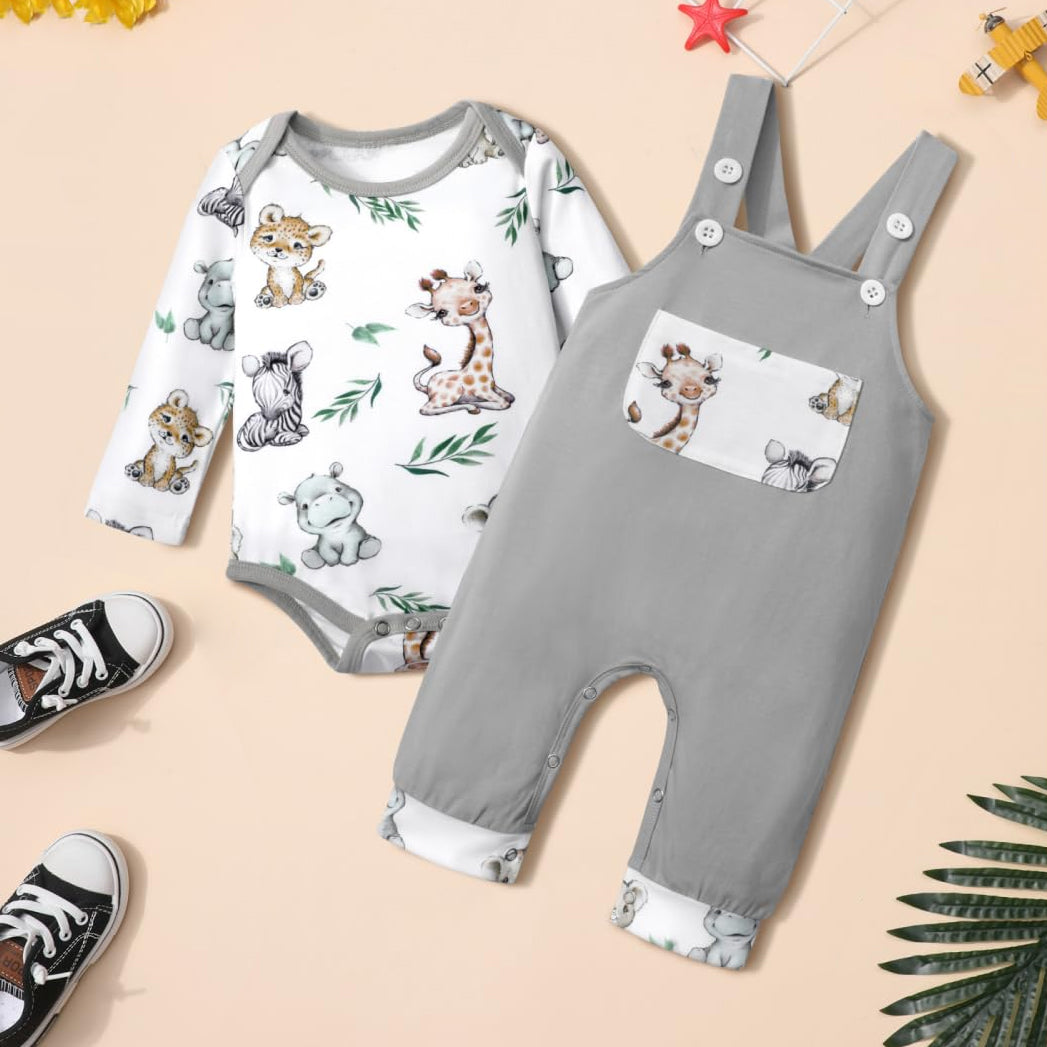 2PCS Cute Animal Printed Long Sleeve Overalls Baby Set