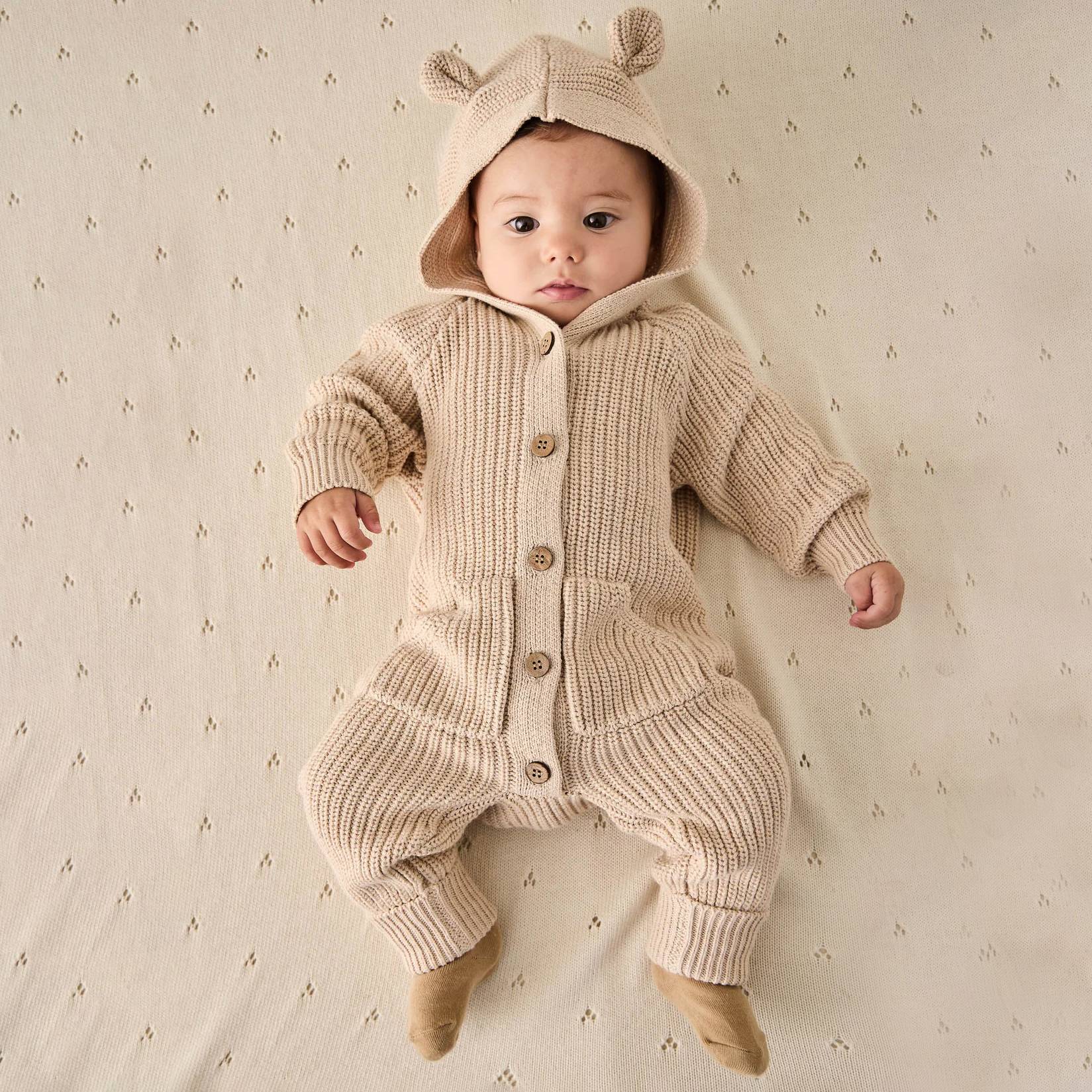 Comfy Solid Color Knitted Long Sleeve Baby Hooded Jumpsuit