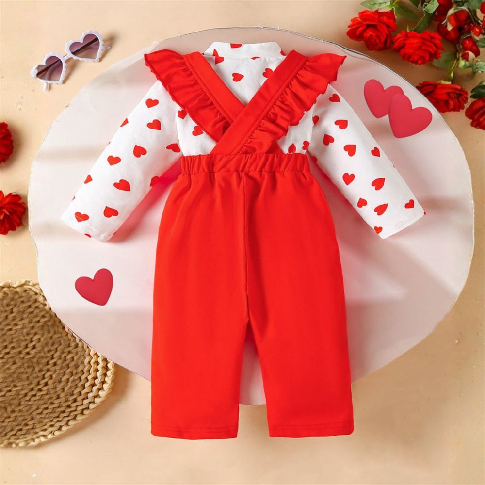 2PCS Sweet Heart Printed Long Sleeve Baby Overalls Set