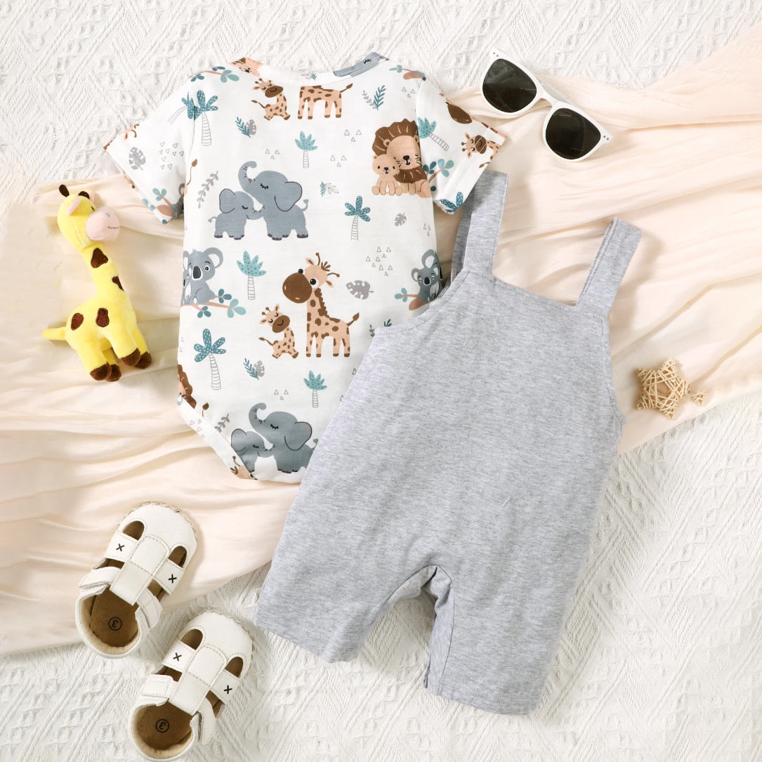 2PCS Cute Animal Printed Baby Overalls Set