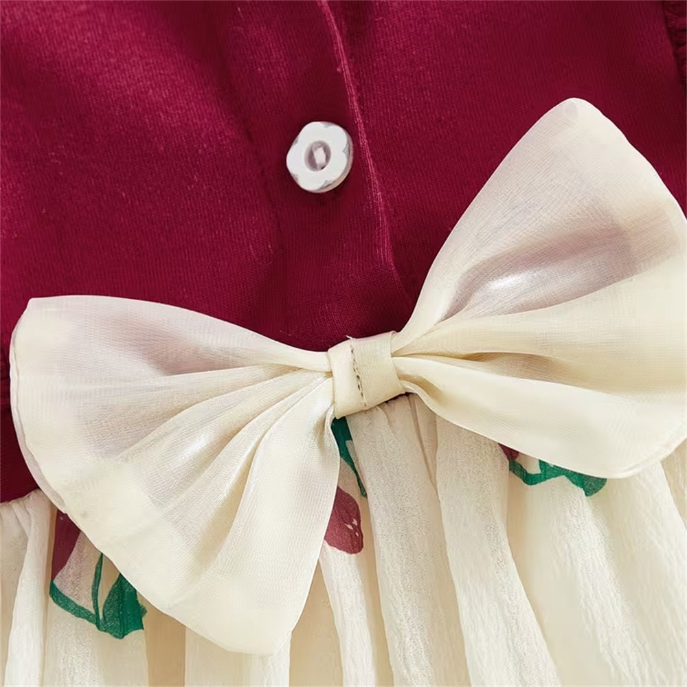 Casual Cherry Printed Bow Short Sleeve Baby Romper