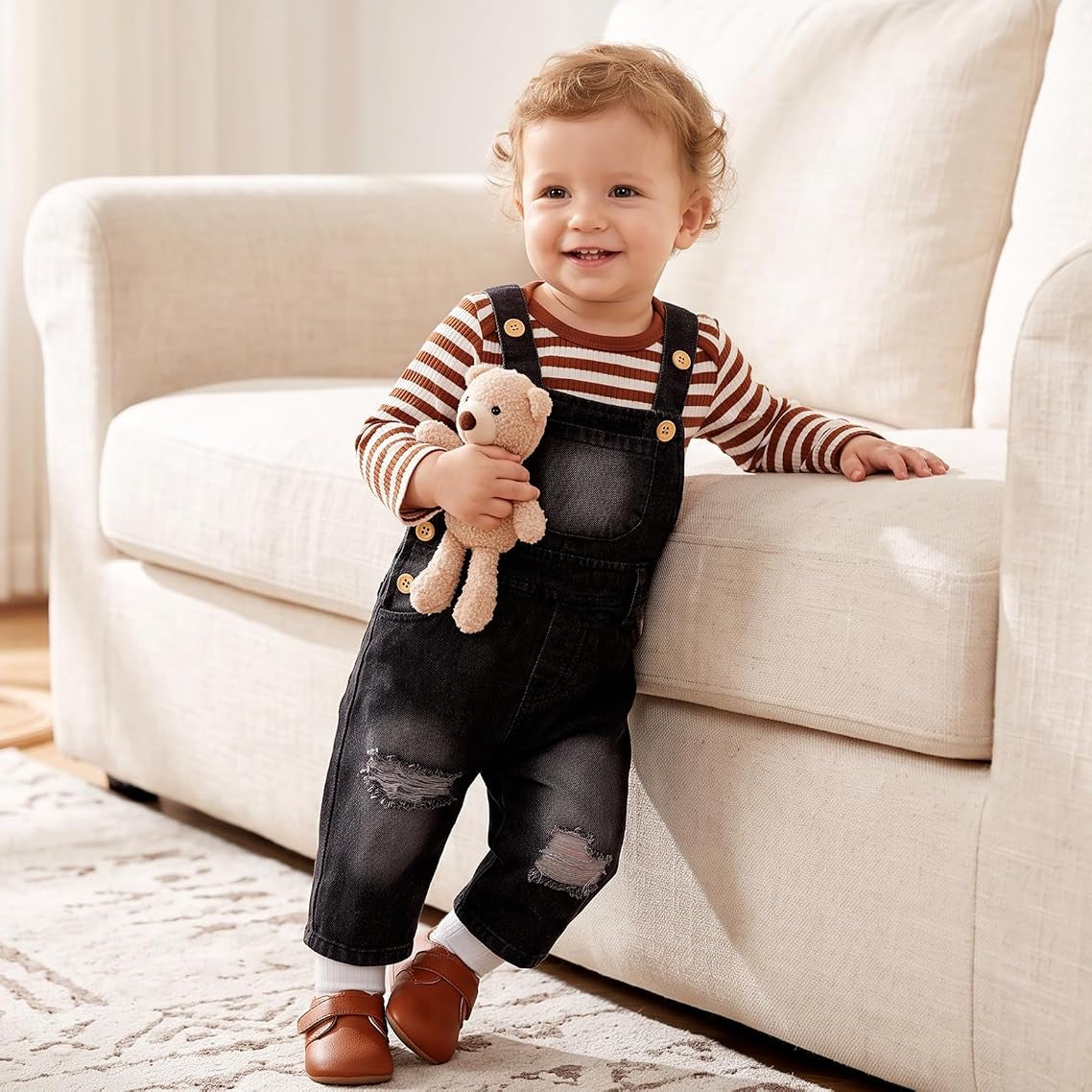 2PCS Stripe Printed Denim Overalls Baby Set