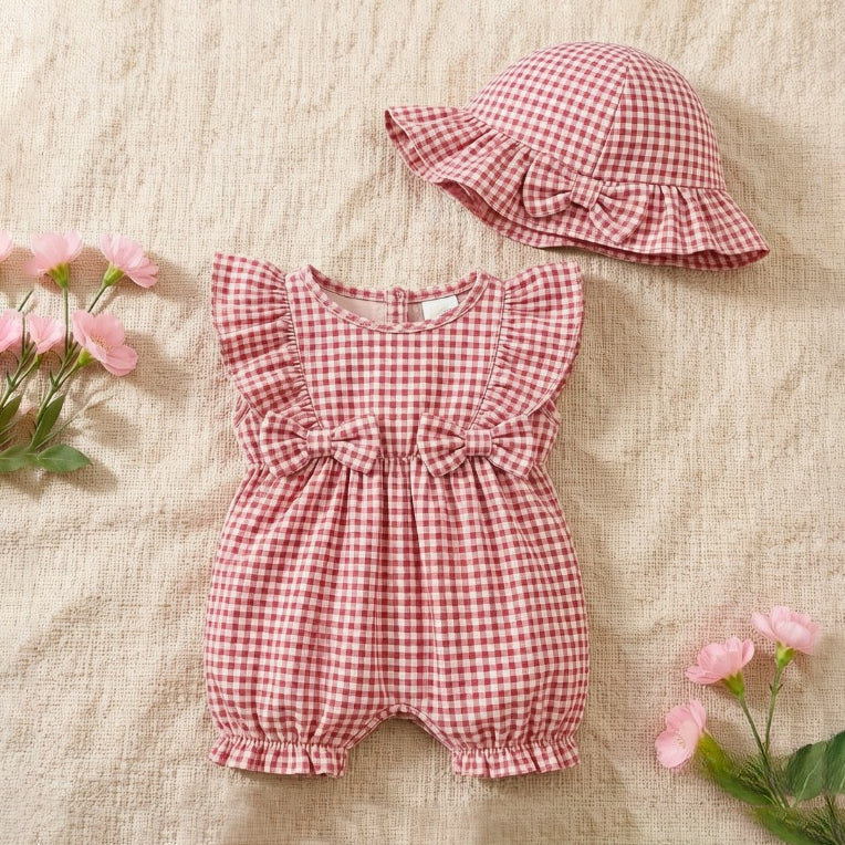 2PCS Cute Plaid Print Flutter Sleeve Baby Jumpsuit