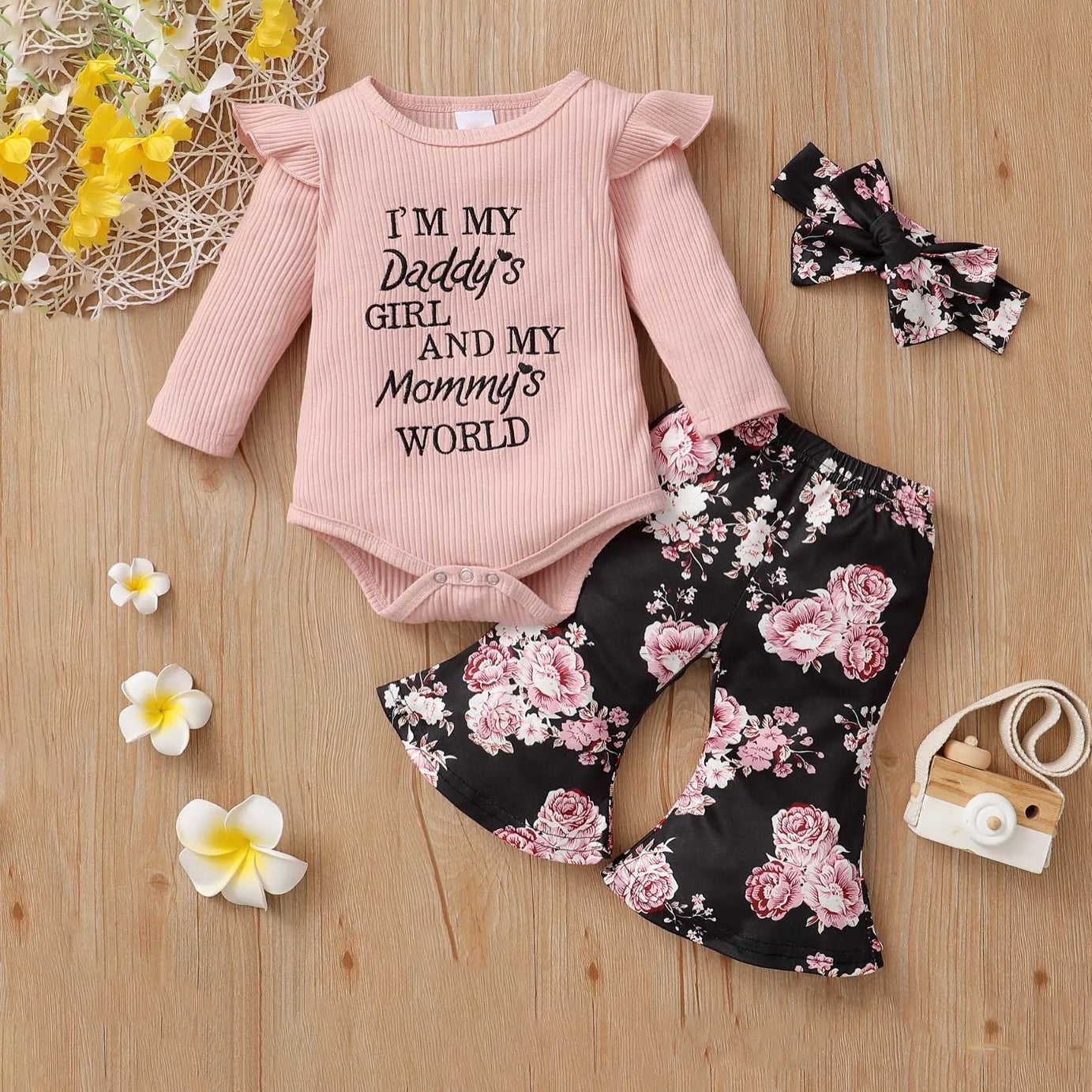 3PCS I'm My Daddy's Girl Letter Floral Printed Long Sleeve Baby Set