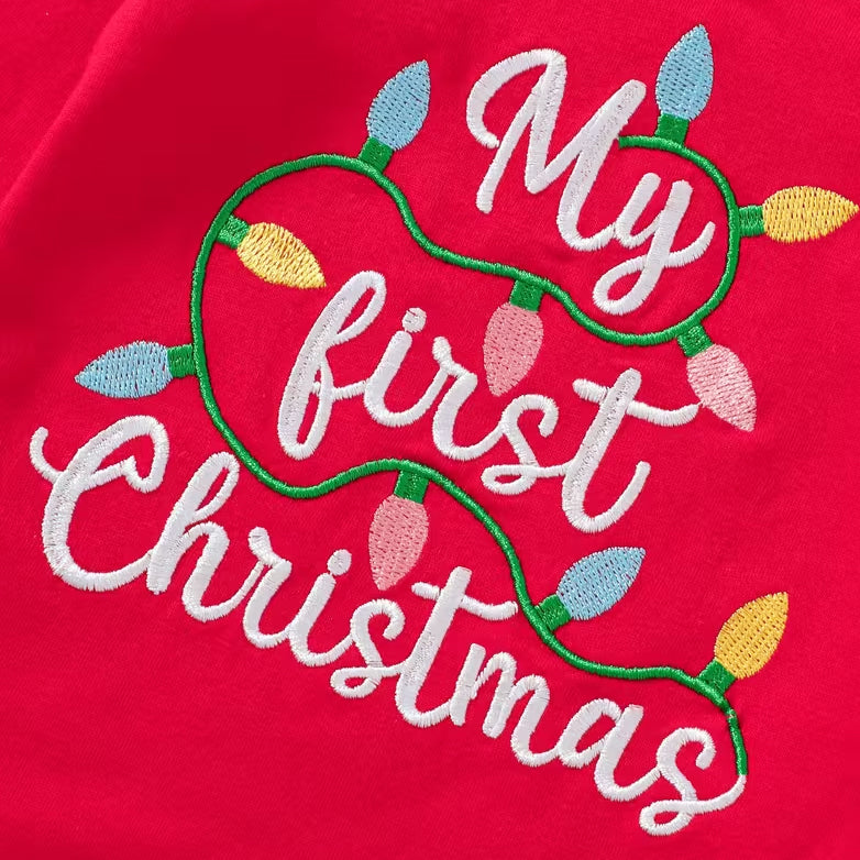 4PCS My First Christmas Letter Holiday Lights Print Long Sleeve Baby Girl Set