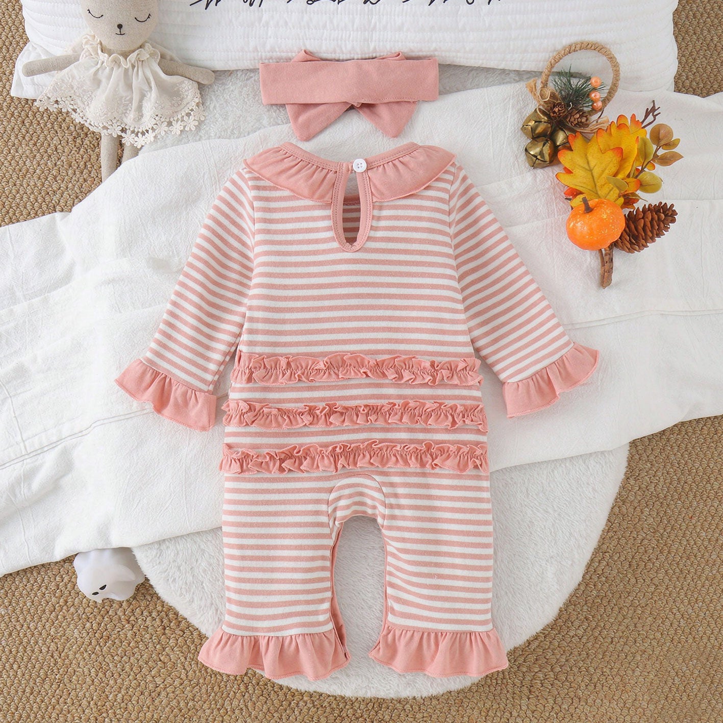 2PCS Lovely Ghost Appliqué Stripe Printed Long Sleeve Baby Jumpsuit