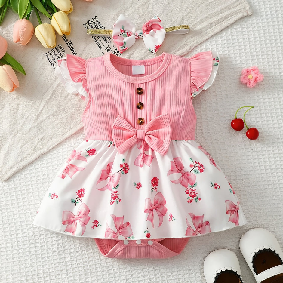 2PCS Fresh Floral Print Bow Flounce Sleeve Baby Romper