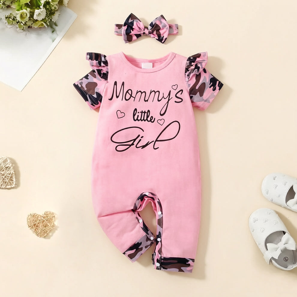 2PCS Mommy's Little Girl Letter Camouflage Print Baby Jumpsuit