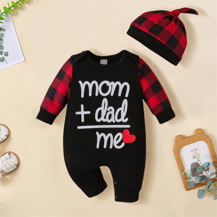 2PCS Mom + Dad Me Letter Print Plaid Long Sleeve Baby Jumpsuit