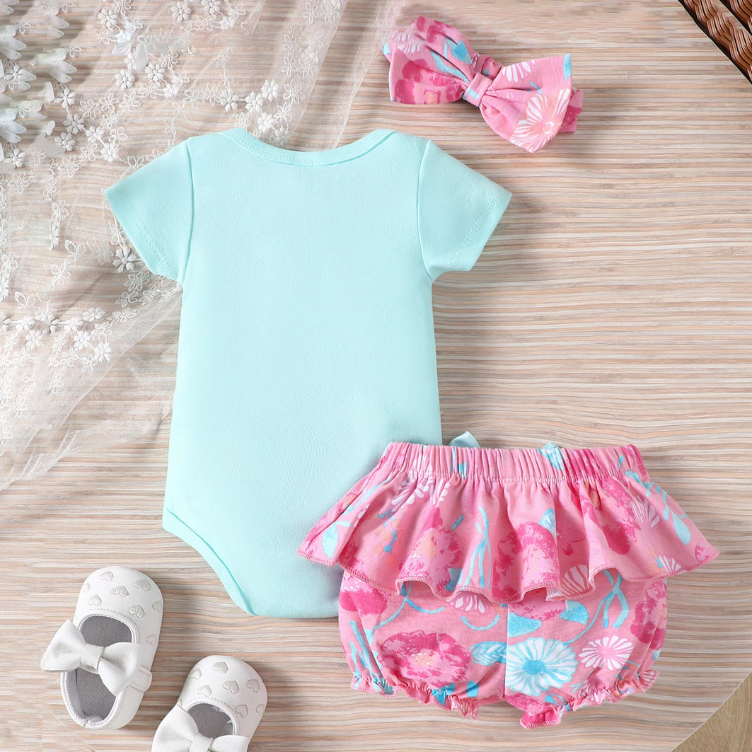 3PCS Daddy's Girl Letter Floral Print Short Sleeve Baby Set