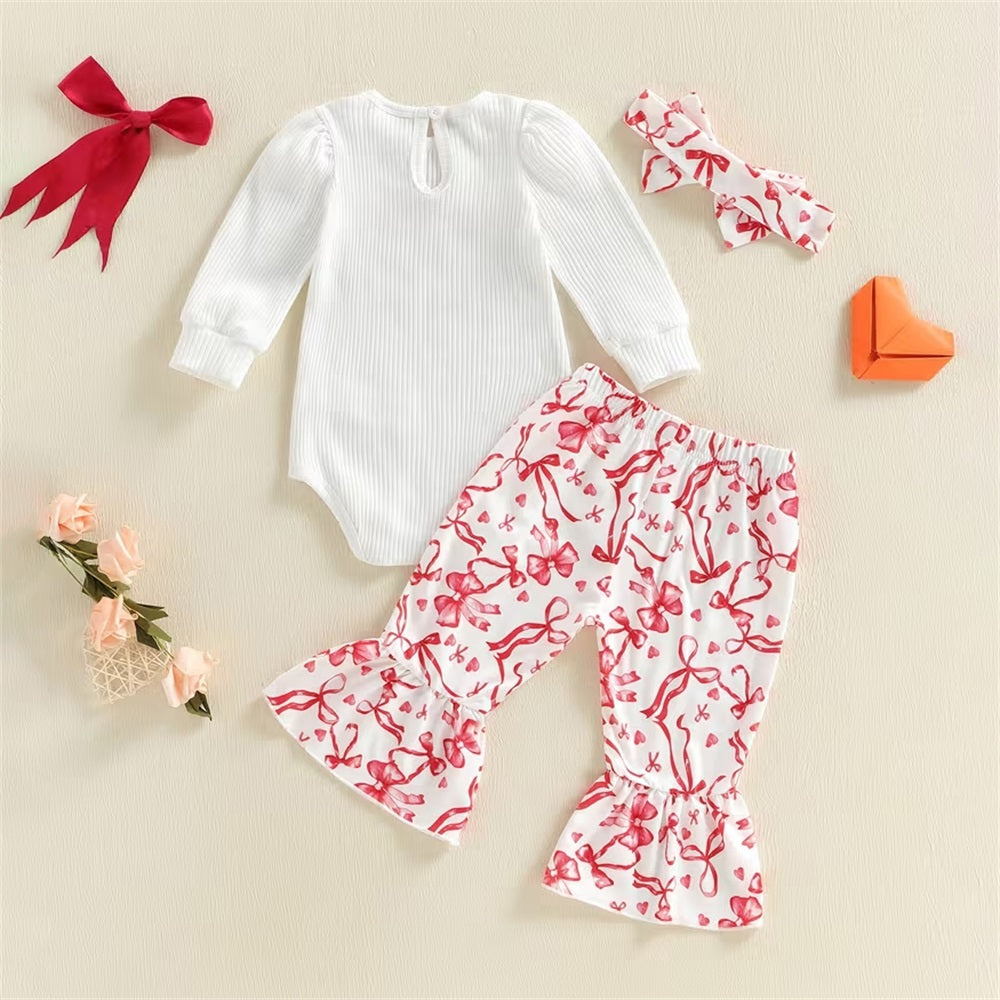 3PCS Mommy Love You Letter Bow Print Long Sleeve Baby Set