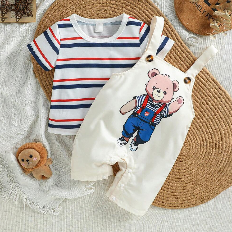 2PCS Adorable Bear Stripe Print Overalls Baby Set