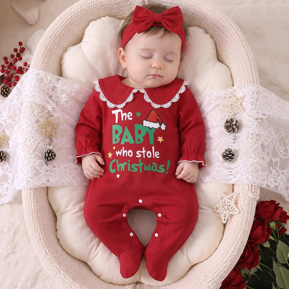 2PCS Christmas Themed Letter Print Peter Pan Collar Baby Jumpsuit