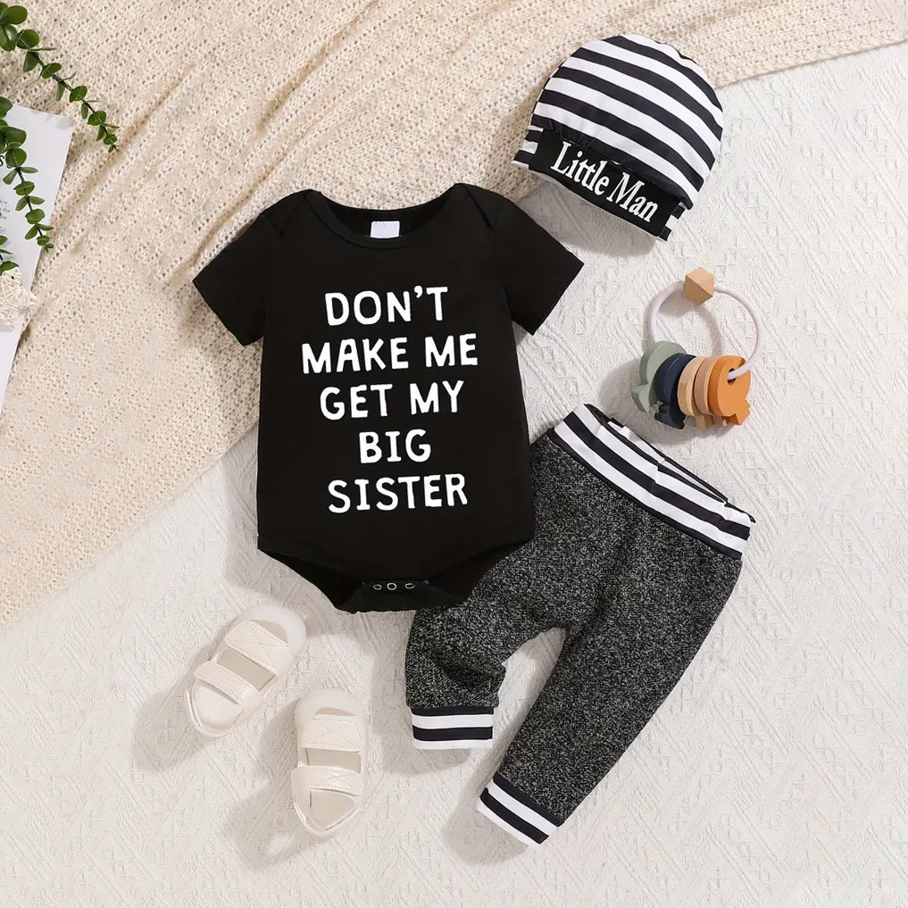 3PCS Don't Make Me Get My Big Sister Letter Stripe Printed Short Sleeve Baby Set