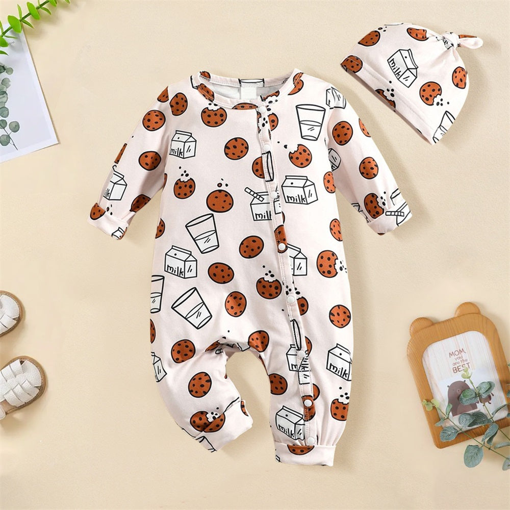 2PCS Cute Milk Biscuits Print Long Sleeve Baby Jumpsuit