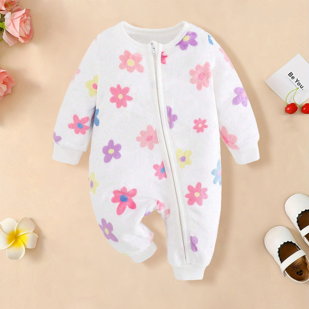 Sweet Floral Printed Long Sleeve Zipper Baby Jumpsuit