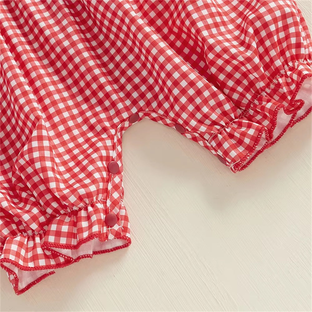 Lovely Plaid Strawberry Printed Sleeveless Baby Jumpsuit