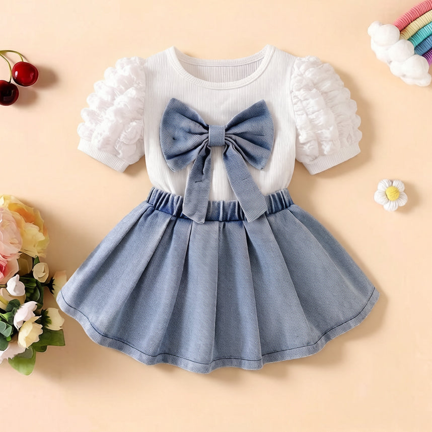 2PCS Pure Bowknot Decor Short Sleeve Denim Baby Set