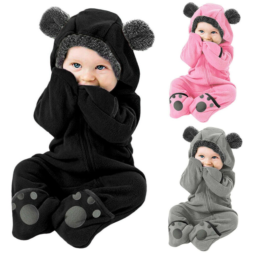 Newborn Baby Boy Girl Solid Color Cartoon 3D Bear Ear Long Sleeve Velvet Hoodie Jumpsuit