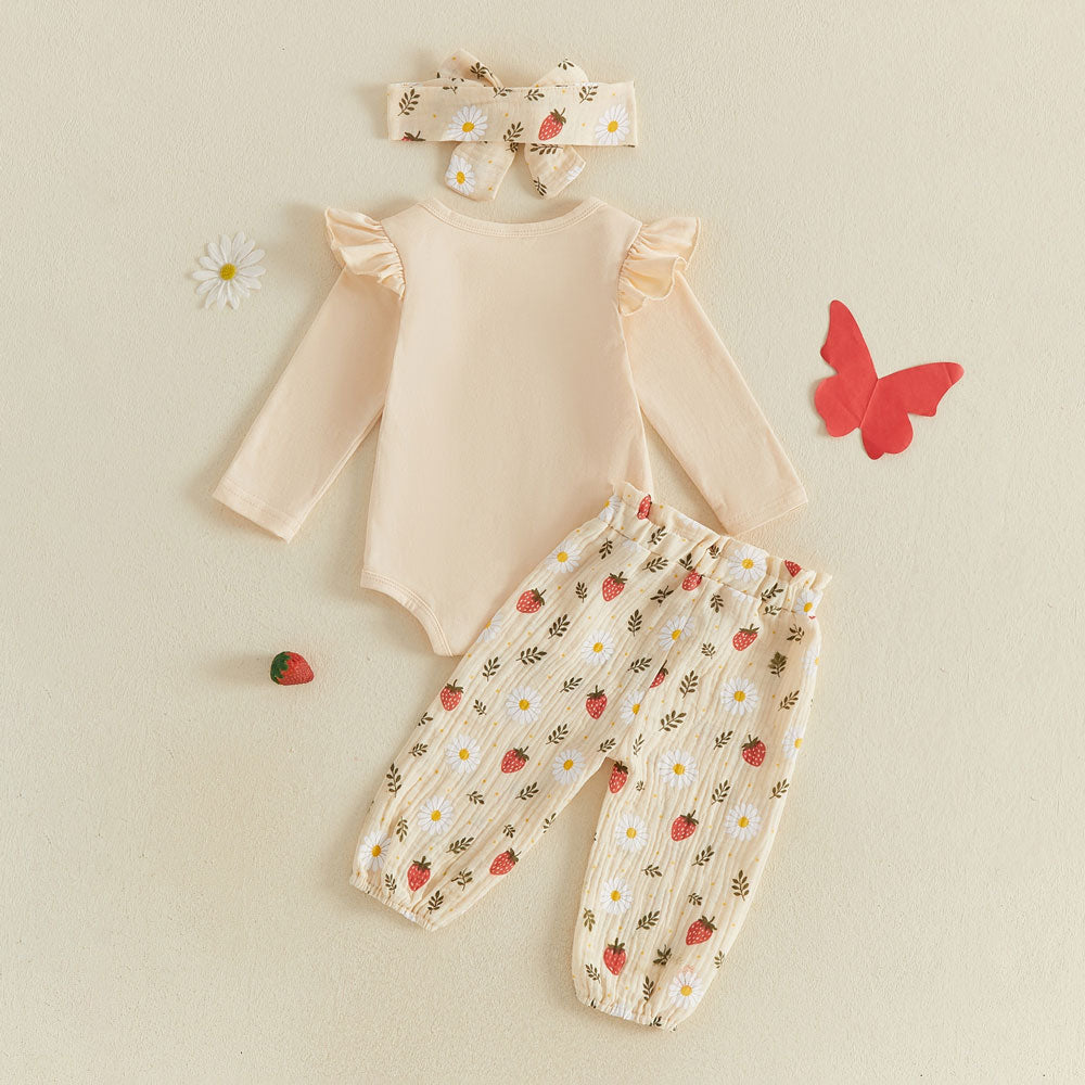 3PCS Daddy's Girl Mommy's World Letter Strawberry Printed Long Sleeve Baby Set