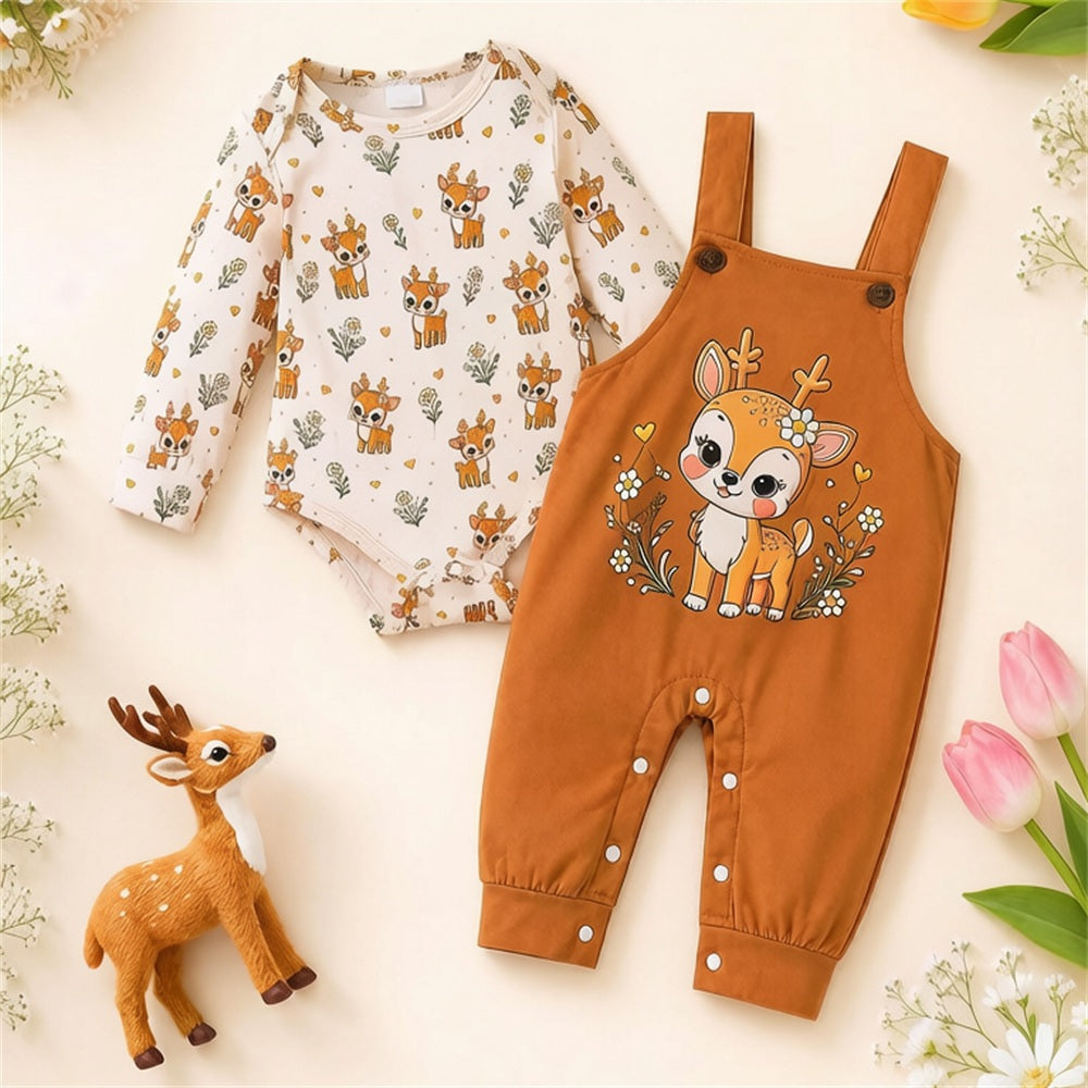 2PCS Elegant Giraffe Printed Long Sleeve Baby Overalls Set