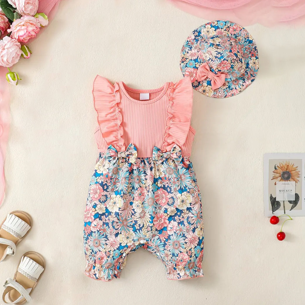 2PCS Lovely Floral Printed Ruffle Sleeveless Baby Jumpsuit