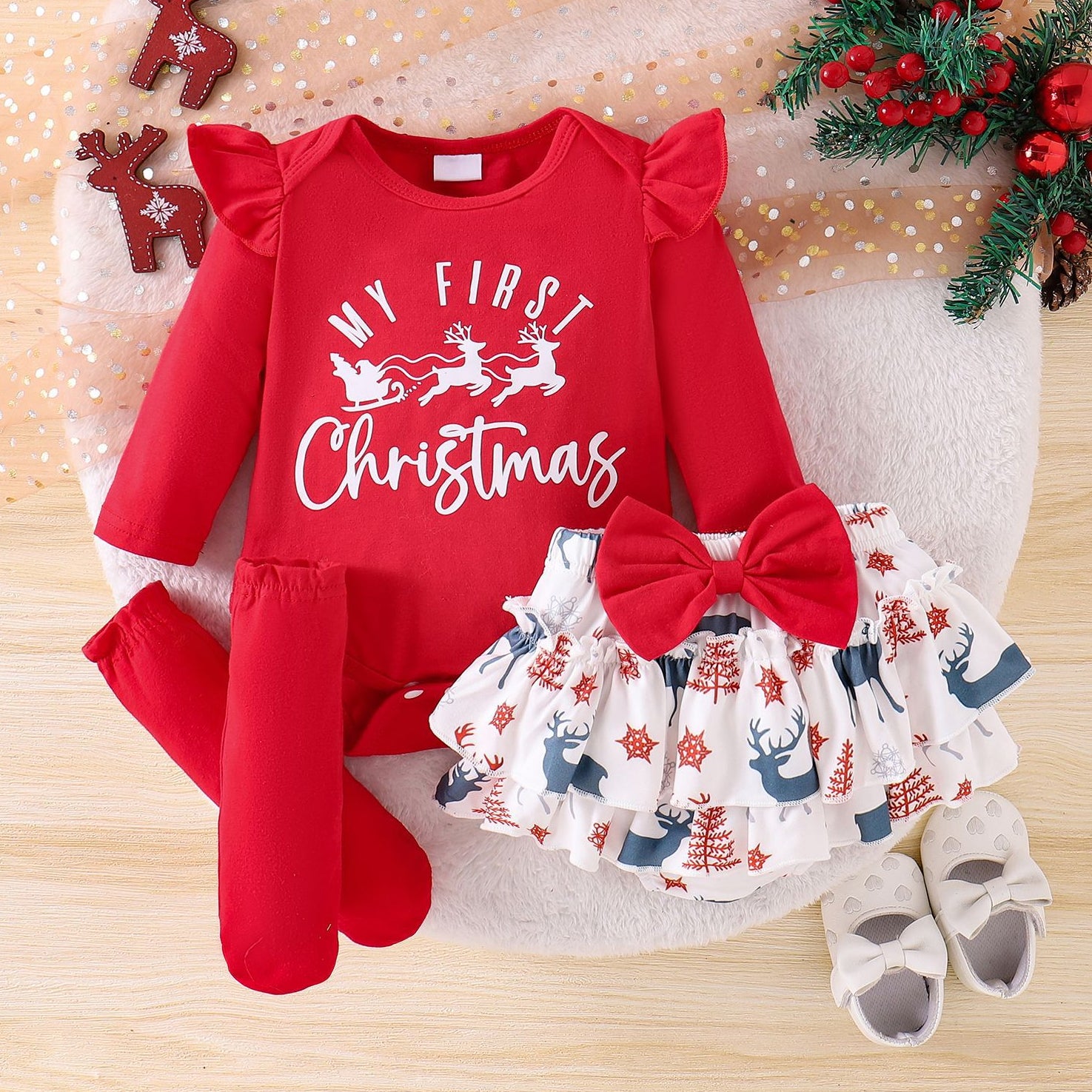 3PCS My First Christmas Letter Deer Printed Baby Set