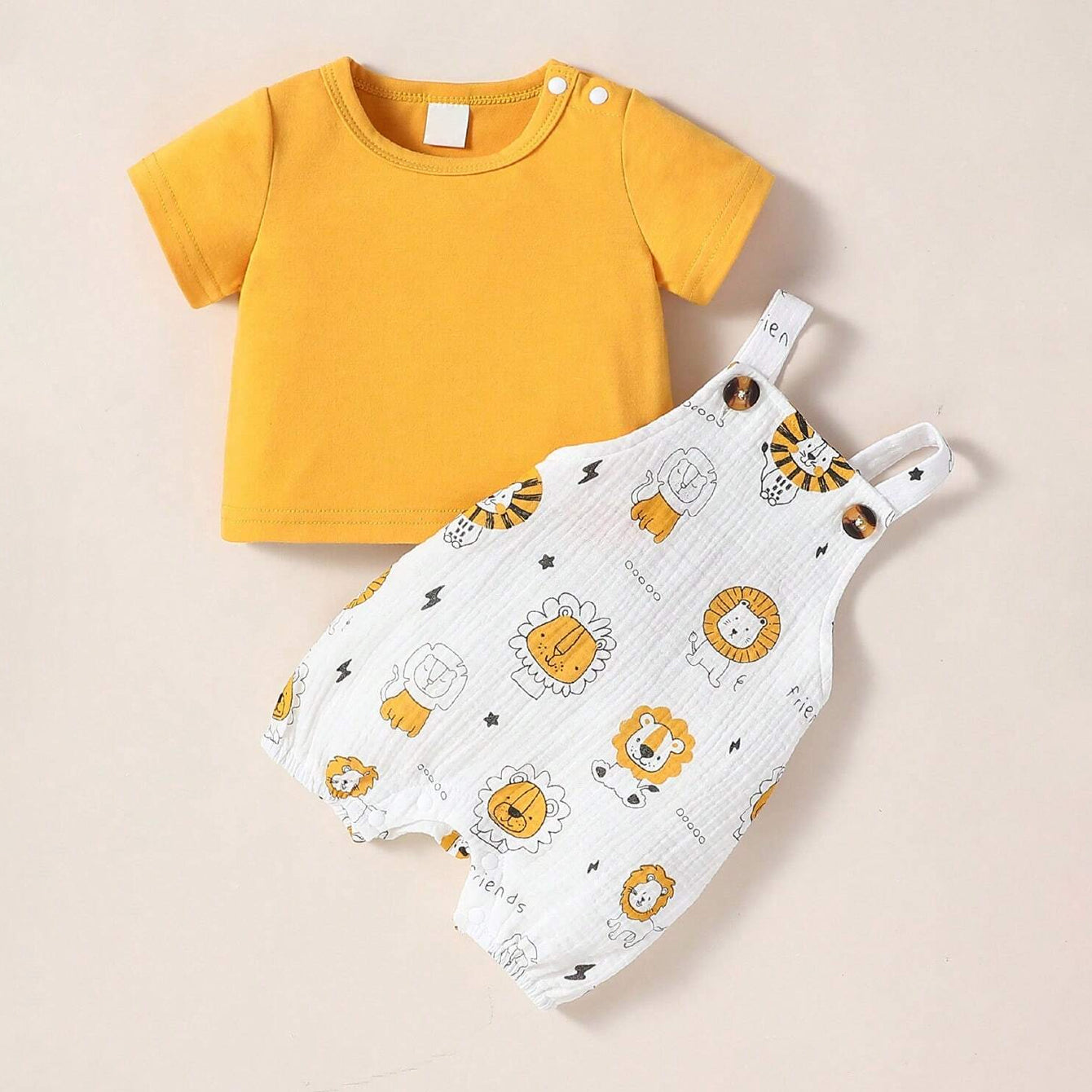 2PCS Cute Lion Printed Short Sleeve Overalls Baby Set