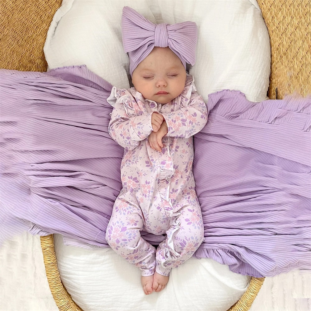 Elegant Allover Floral Print Ruffle Long Sleeve Baby Jumpsuit