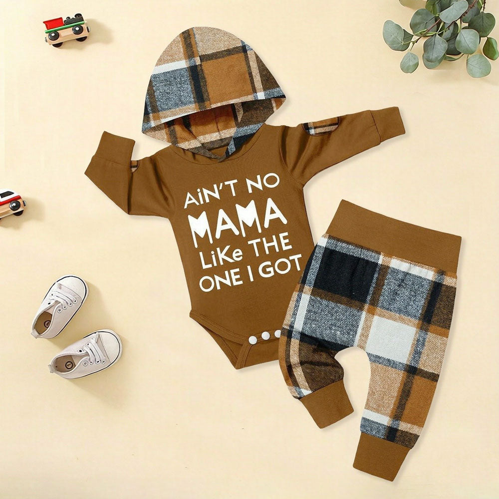 2PCS Ain't No Mama Letter Plaid Print Hoodie Long Sleeve Baby Set