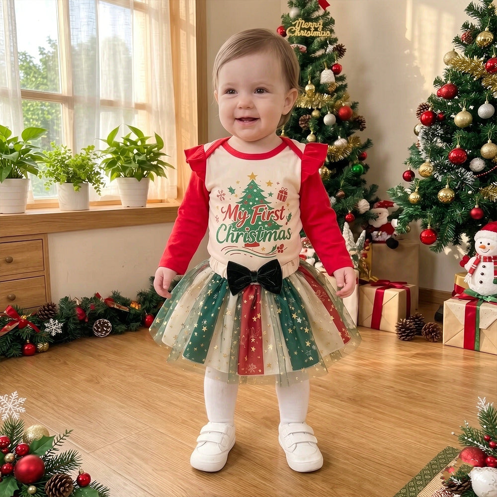 2PCS Sweet My First Christmas Letter Tree Print Tulle Baby Girl Set