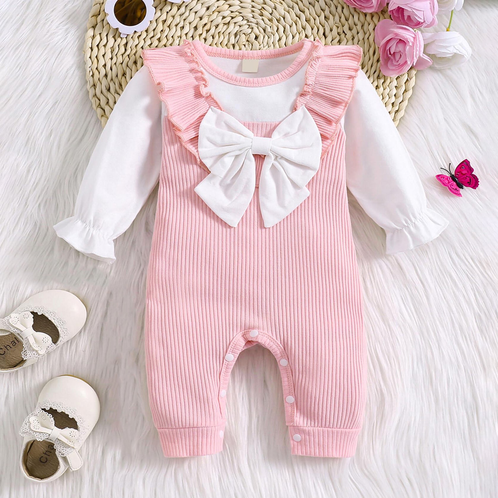 Trendy Solid Color Bow Decoration Long Sleeve Baby Jumpsuit