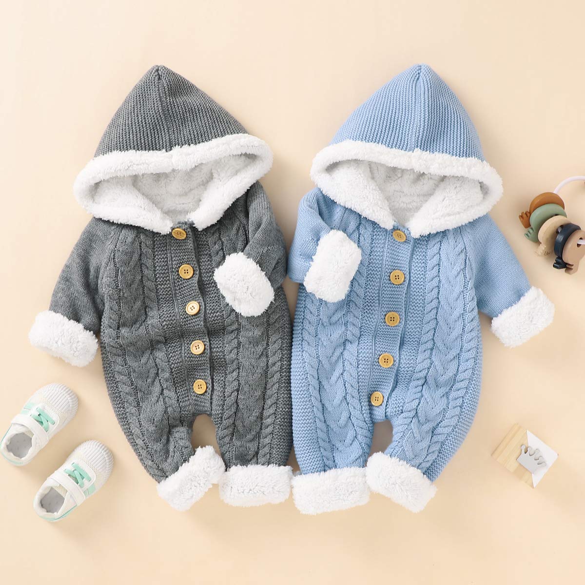 Cozy Solid Color Knitted Plush Hooded Baby Jumpsuit