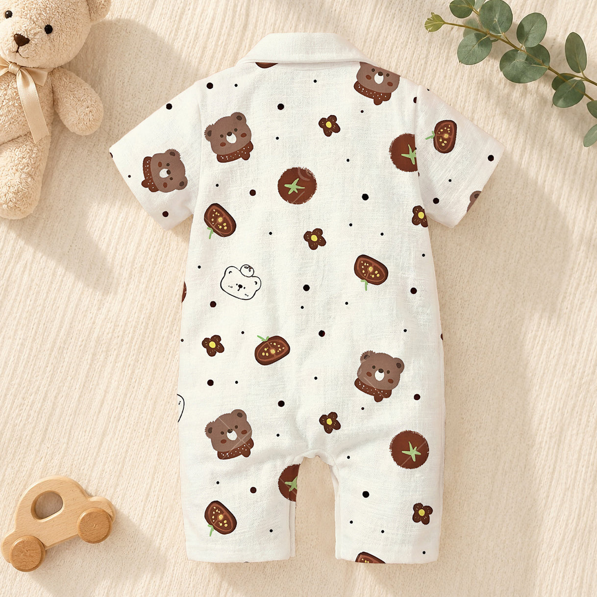 Cute Chocolate Bear & Tomato Printed Short Sleeve Baby Jumpsuit