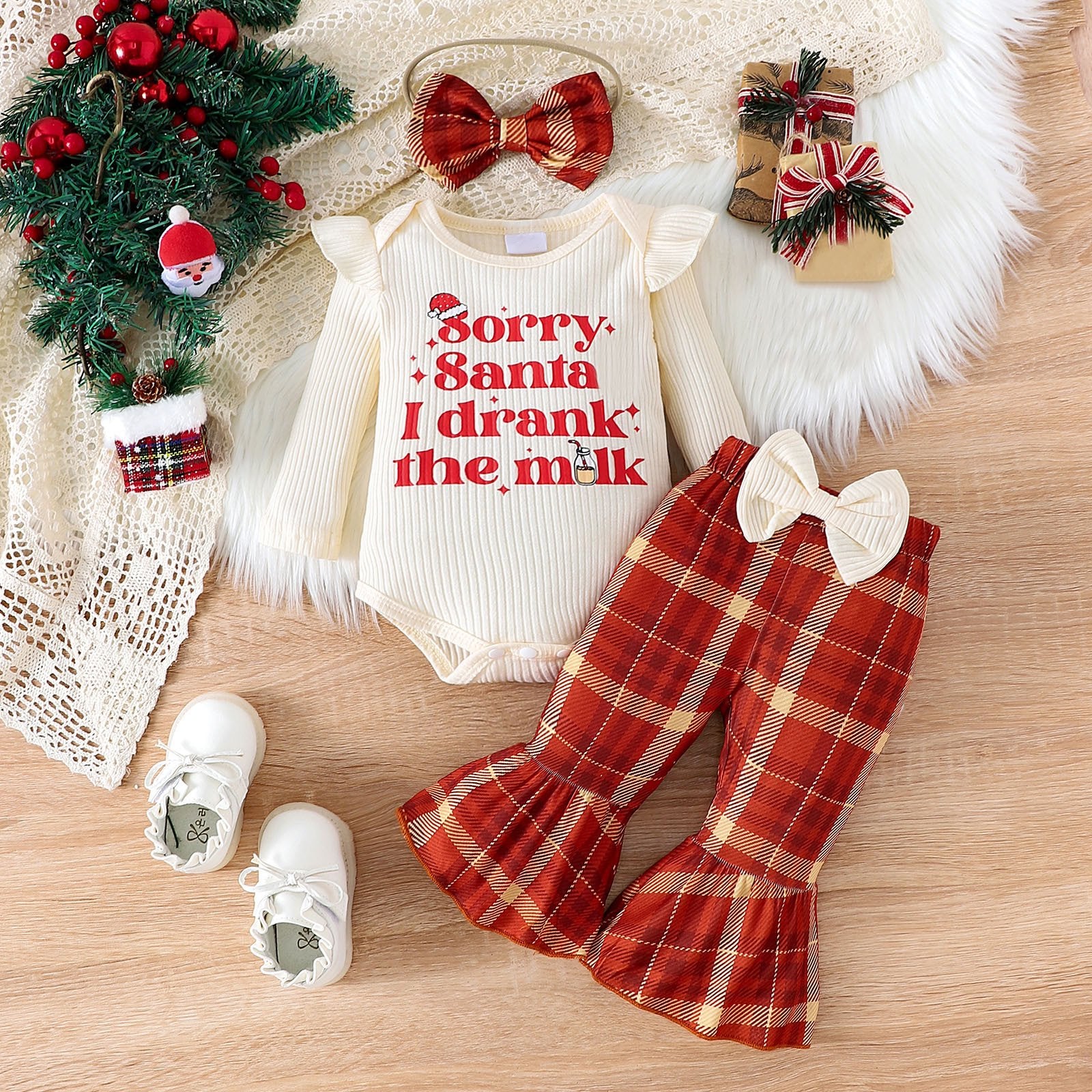 3PCS Christmas Sorry Santa I Drank Milk Letter Plaid Printed Baby Set