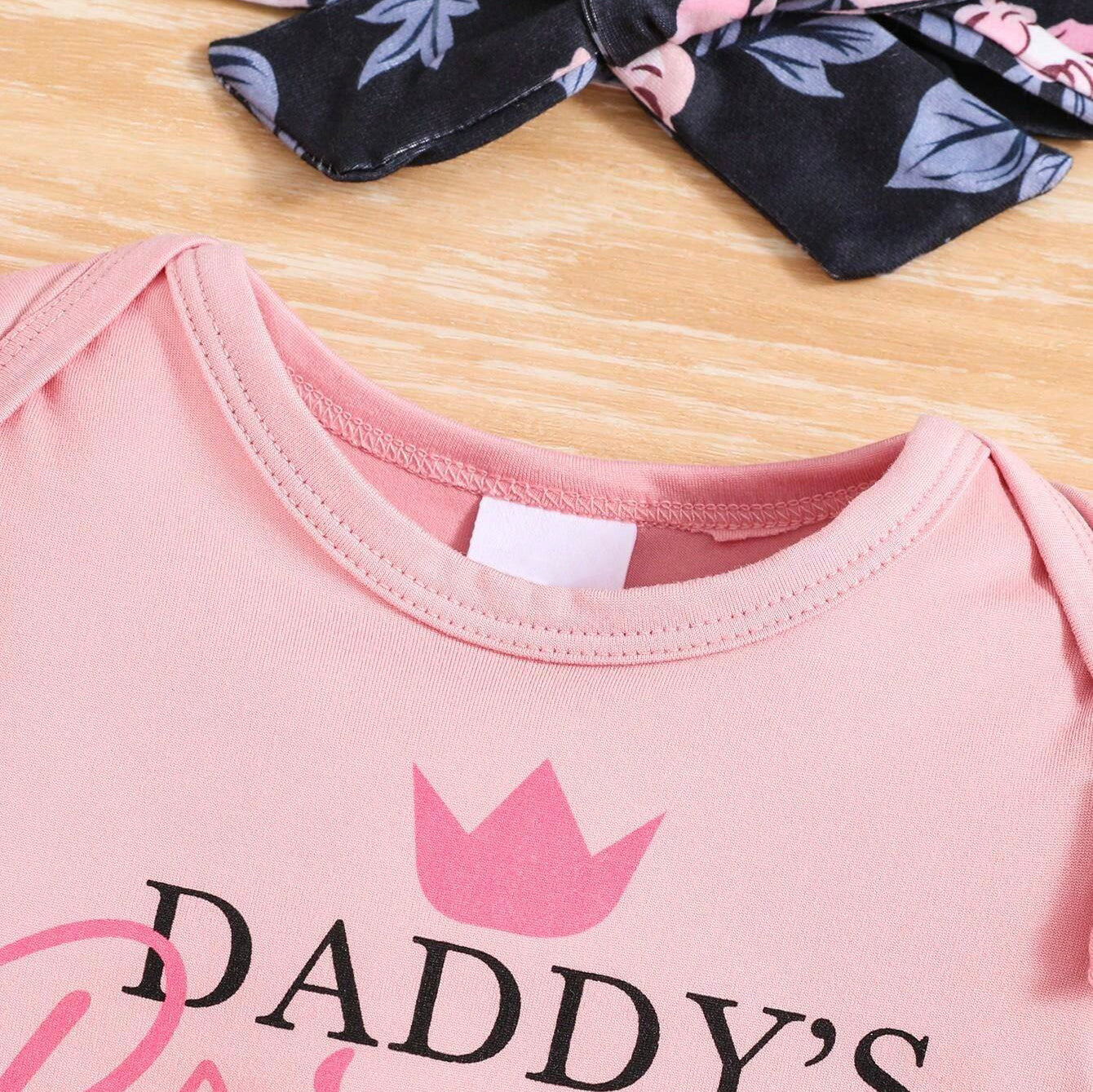 3PCS Daddy's Princess Letter Floral Printed Short Sleeve Baby Set