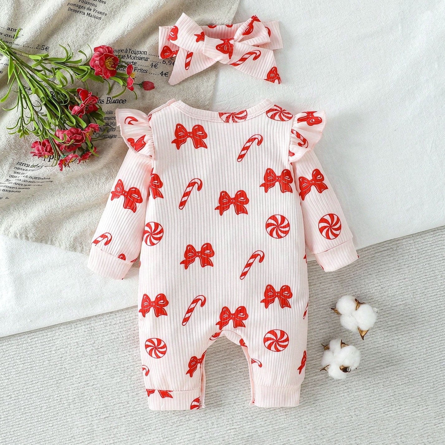 2PCS Lovely Christmas Bow Candy Cane Printed Baby Jumpsuit