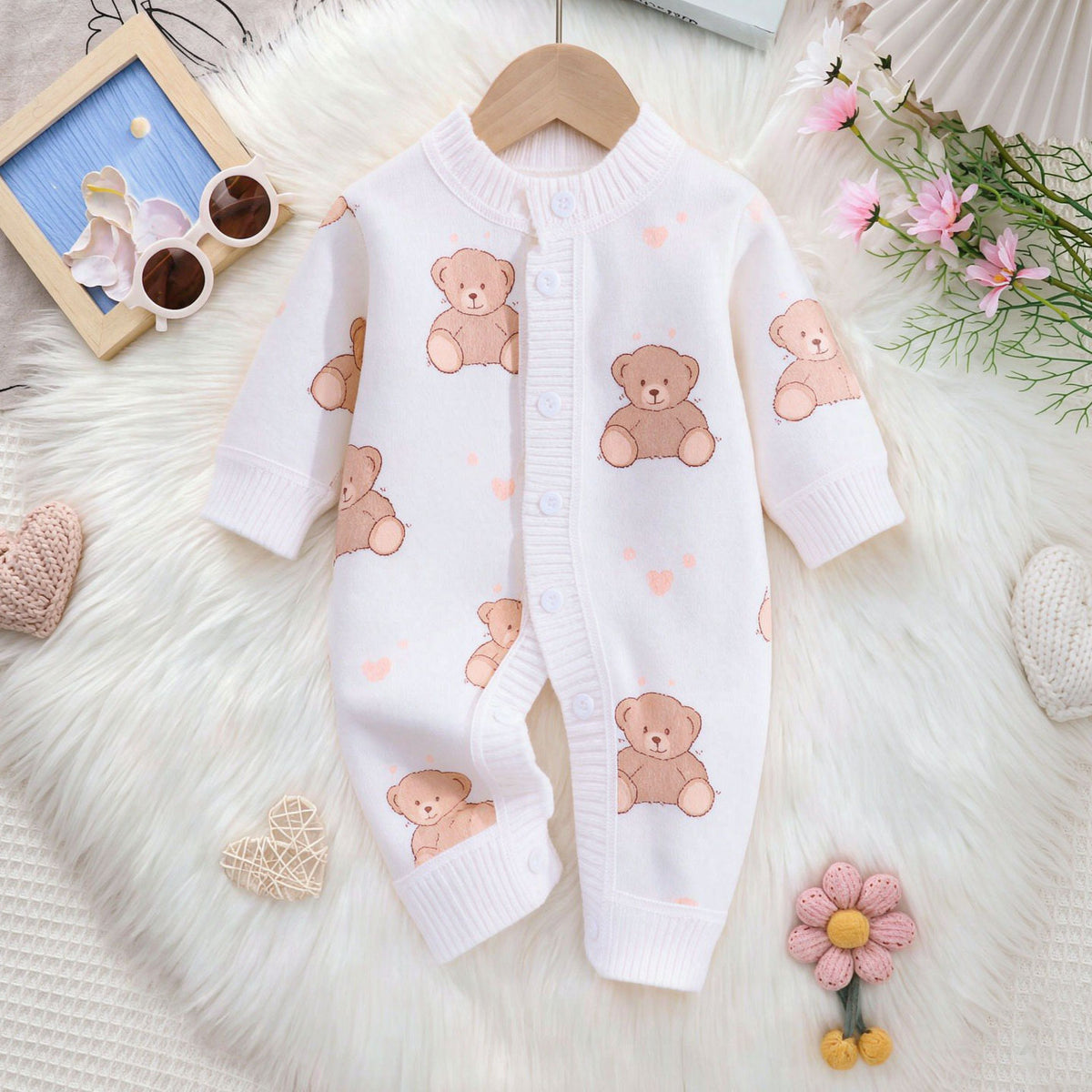 Quirky Bear Printed Knit Long Sleeve Baby Jumpsuit