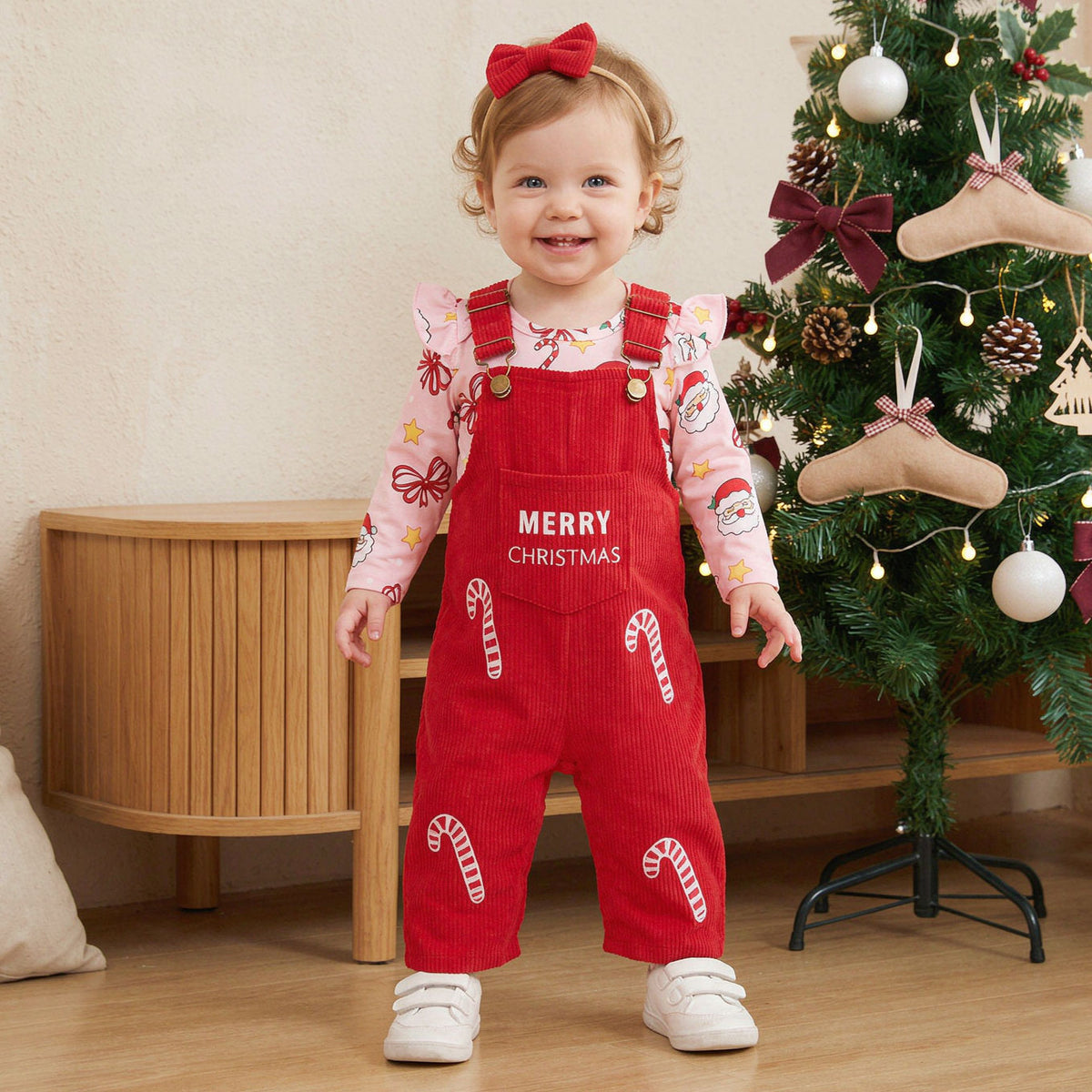 3PCS Letter Candy Cane Embroidery and Santa Print Baby Overalls Set