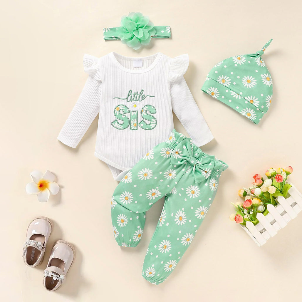 4PCS Fresh Little Sis Letter Daisy Printed Long Sleeve Baby Set