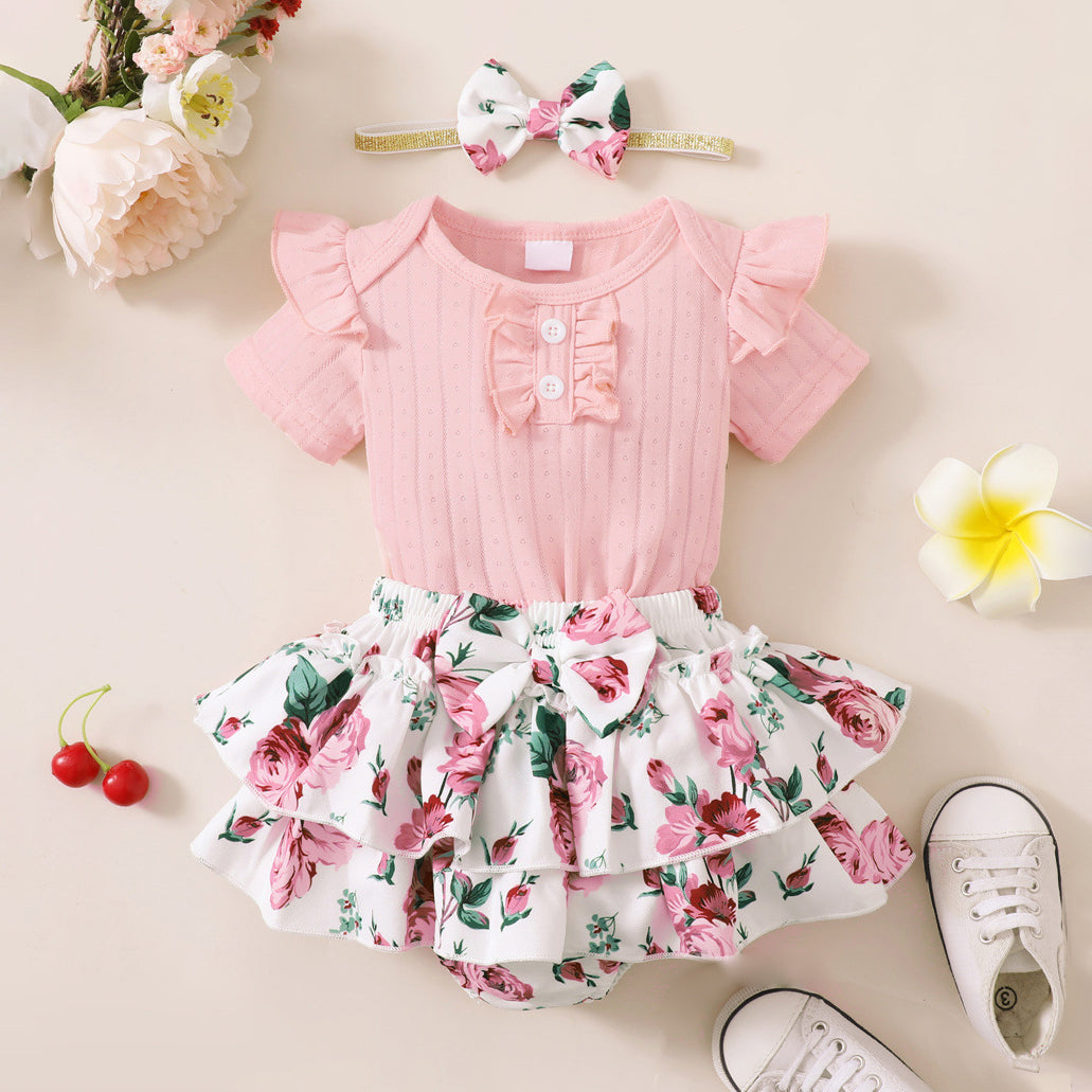 3PCS Floral Printed Ruffle Bowknot Short Sleeve Baby Set