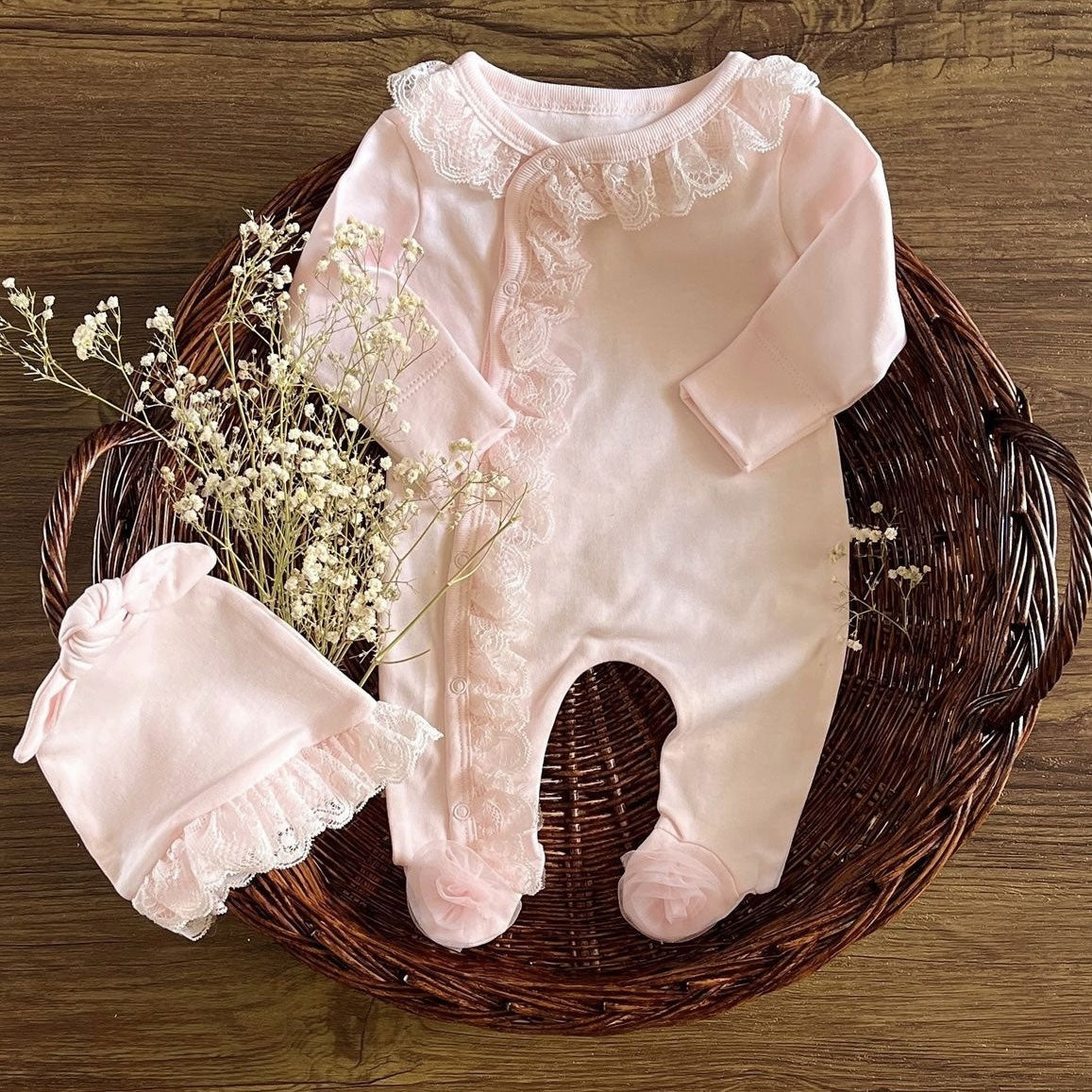 2PCS Pure Solid Color Long Sleeve Lace Baby Girl Jumpsuit