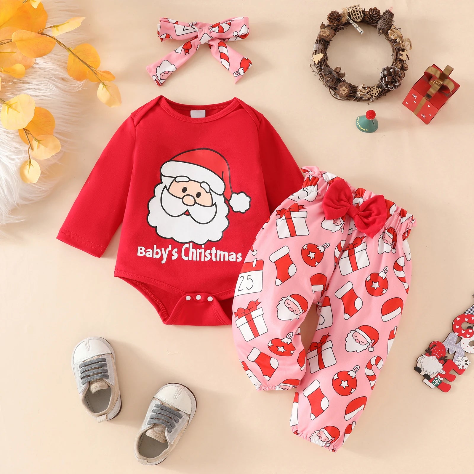 3PCS Baby's Christmas Letter Santa Claus Printed Baby Set