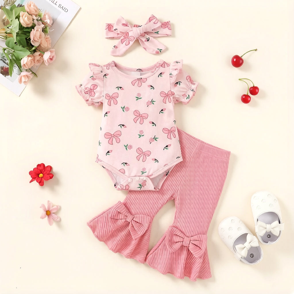 3PCS Chic Bow & Floral Print Short Sleeve Baby Girl Set