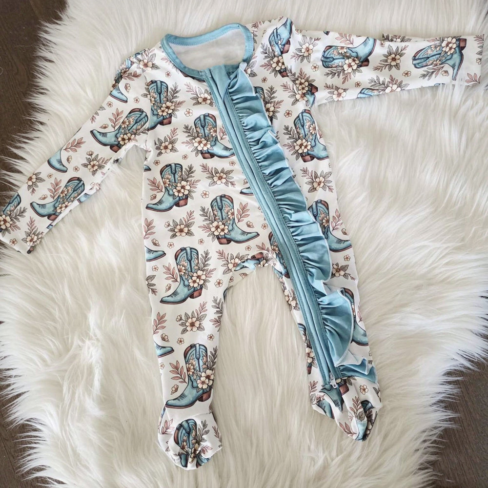 Western Floral Cowgirl Boots Print Zipper Long Sleeve Baby Jumpsuit