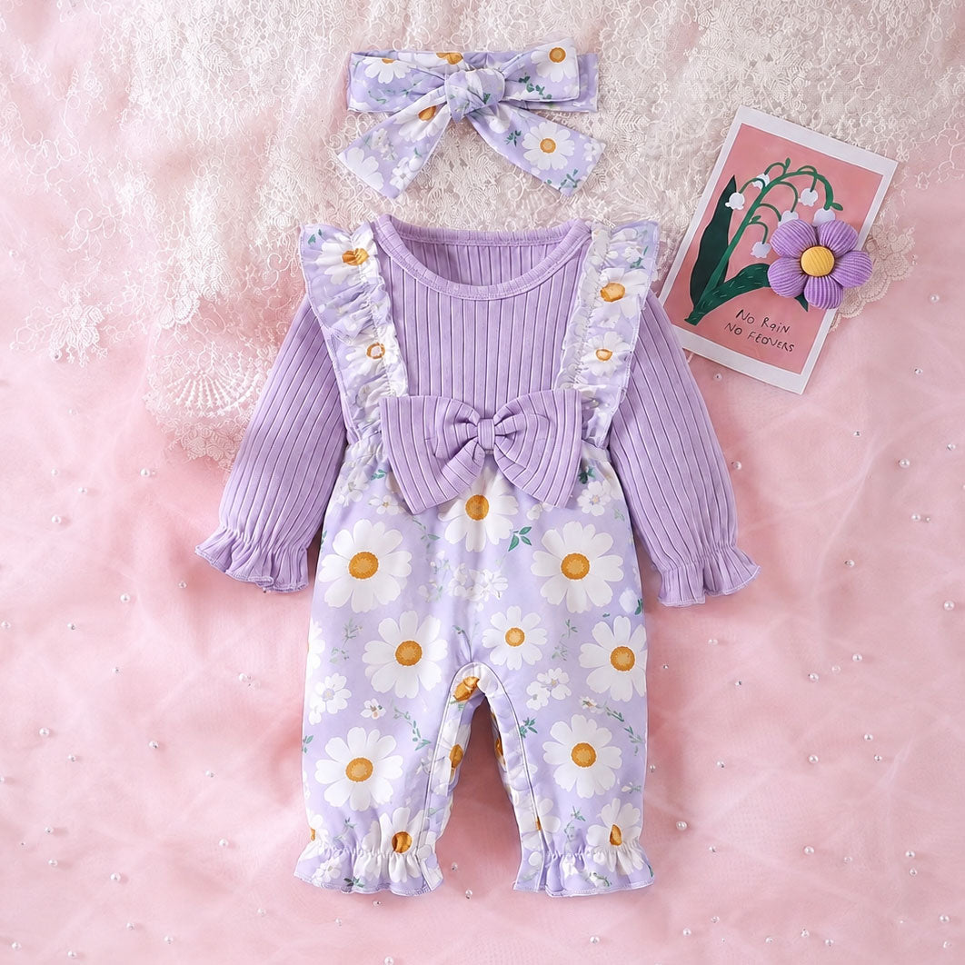 2PCS Lovely Daisy Print Long Sleeve Ruffle Baby Jumpsuit