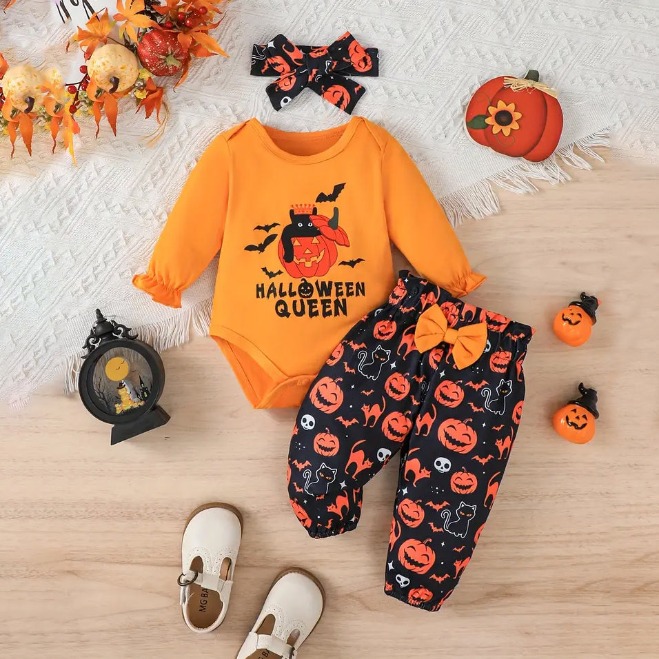 3PCS Halloween Queen Letter Pumpkin Printed Baby Set