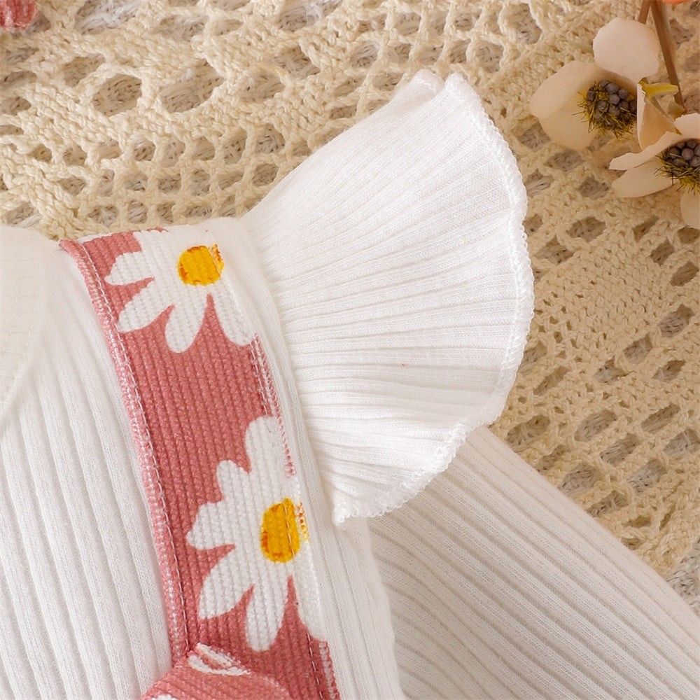 2PCS Casual Cute Daisy Print Long Sleeve Baby Jumpsuit